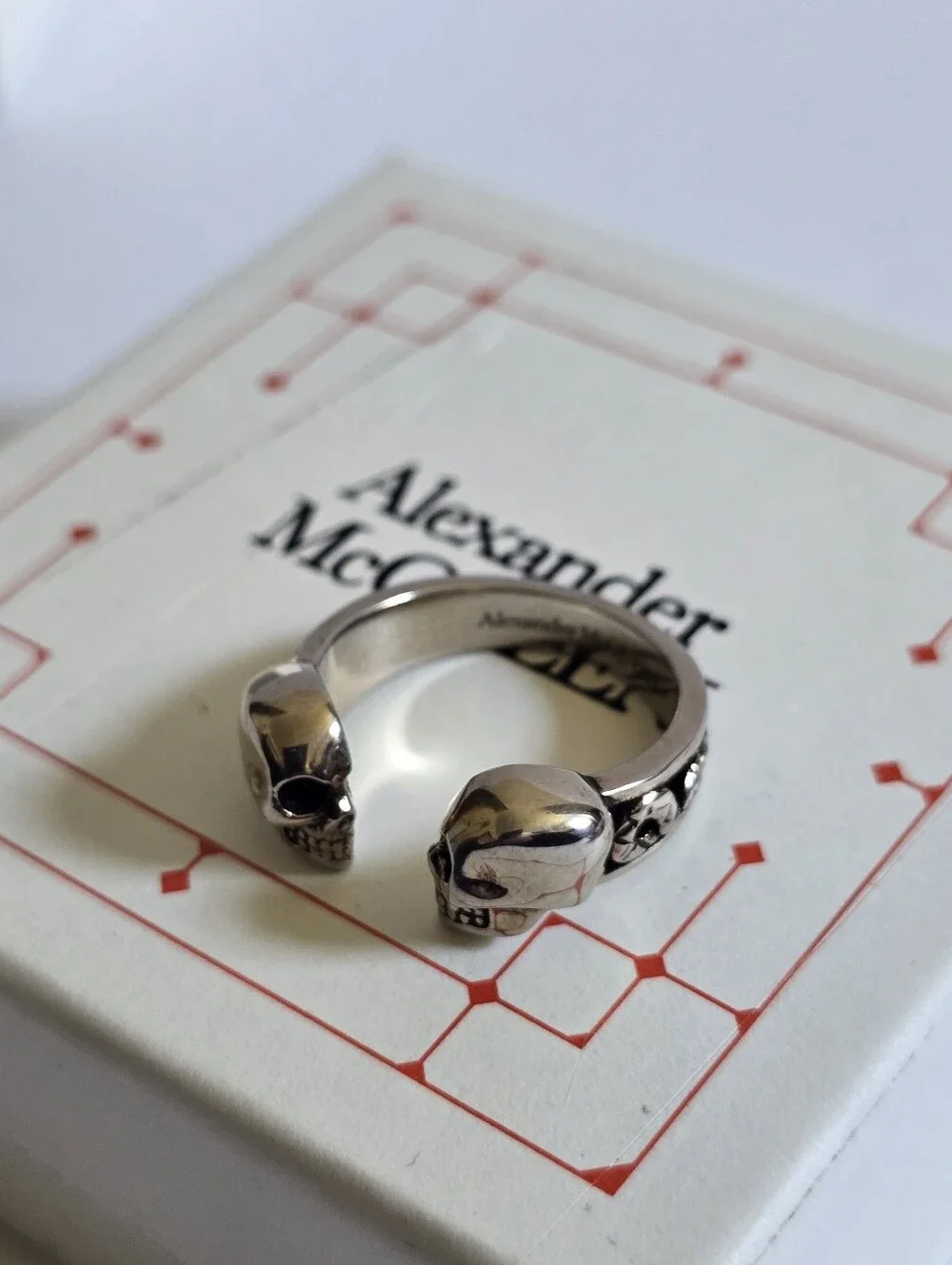 Alexander McQueen Double Skull Ring Silver Size IT 17